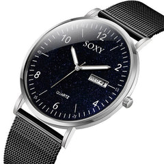 SOXY To Brand Luxury Men's Watch Quartz Steel Mesh Strap Date Luminous Star Sky Dial Clock Zegarek Meski Wristwatch 2019