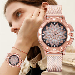 Luxury Rose Gold Women Mesh Watches Hot Fashion Flowers Elegant Ladies  Quartz Wristwatches Female Watch Clock Relogio Feminino*