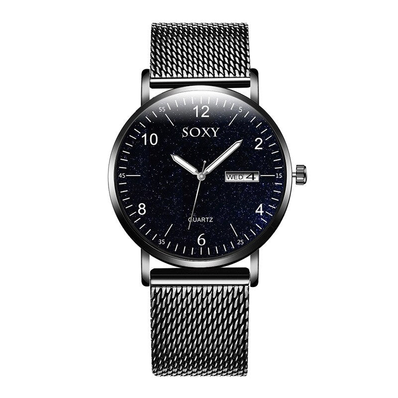 SOXY To Brand Luxury Men's Watch Quartz Steel Mesh Strap Date Luminous Star Sky Dial Clock Zegarek Meski Wristwatch 2019
