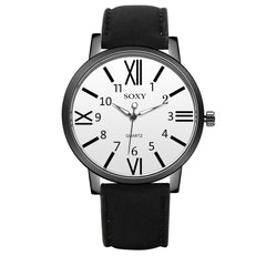 SOXY Brand Men's Watch Luxury Quartz Watches Roman Numerals Dial Black Leather Strap Clock Zegarek Meski Erkek Kol Saati