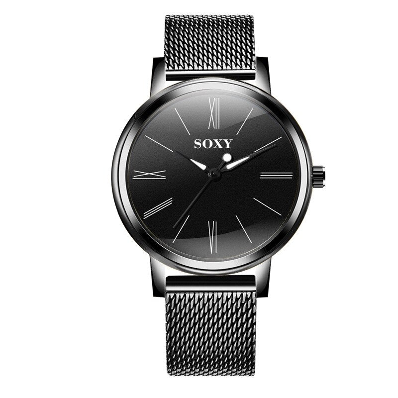 SOXY Brand Men's Watch Deluxe Quartz Male Clock Roman Digital Dial Stainless Steel Strap Zegarek Meski Wristwatch