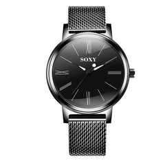 SOXY Brand Men's Watch Deluxe Quartz Male Clock Roman Digital Dial Stainless Steel Strap Zegarek Meski Wristwatch