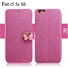 Leather Wallet Card Magnetic Flip Bling Diamond Butterfly bow knot Case For iPhone 5S SE 6 6S Plus Cases W/ Stand Holder