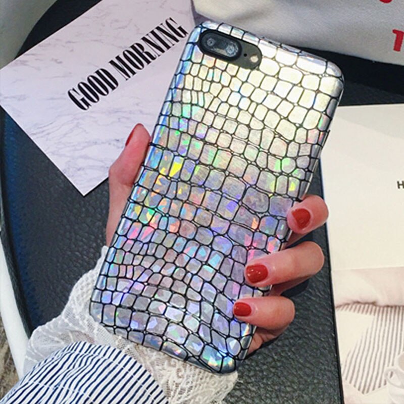 Soft PU Leather Phone Cases For iPhone 7 6 6s Plus Fashion Laser Crocodile Pattern Back Cover Glitter Sequins Shell Coque