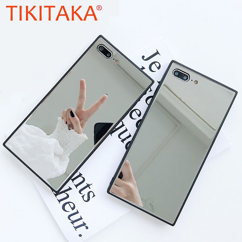 Fashion Square Makeup Mirror Case For iPhone X 8 7 6 6S Plus Cover Glossy Tempered Glass Mobile Phone Cases Shell Capa