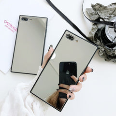 Fashion Square Makeup Mirror Case For iPhone X 8 7 6 6S Plus Cover Glossy Tempered Glass Mobile Phone Cases Shell Capa