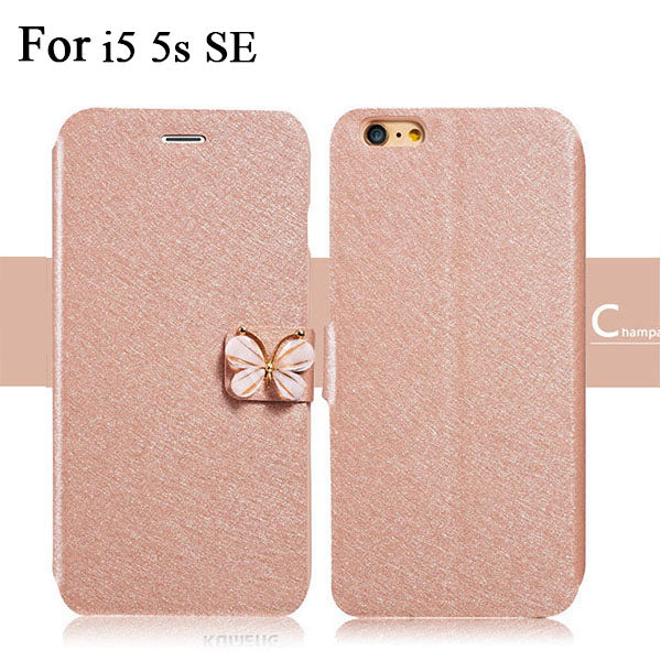 Leather Wallet Card Magnetic Flip Bling Diamond Butterfly bow knot Case For iPhone 5S SE 6 6S Plus Cases W/ Stand Holder