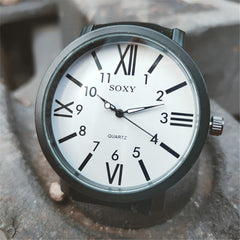 SOXY Brand Men's Watch Luxury Quartz Watches Roman Numerals Dial Black Leather Strap Clock Zegarek Meski Erkek Kol Saati