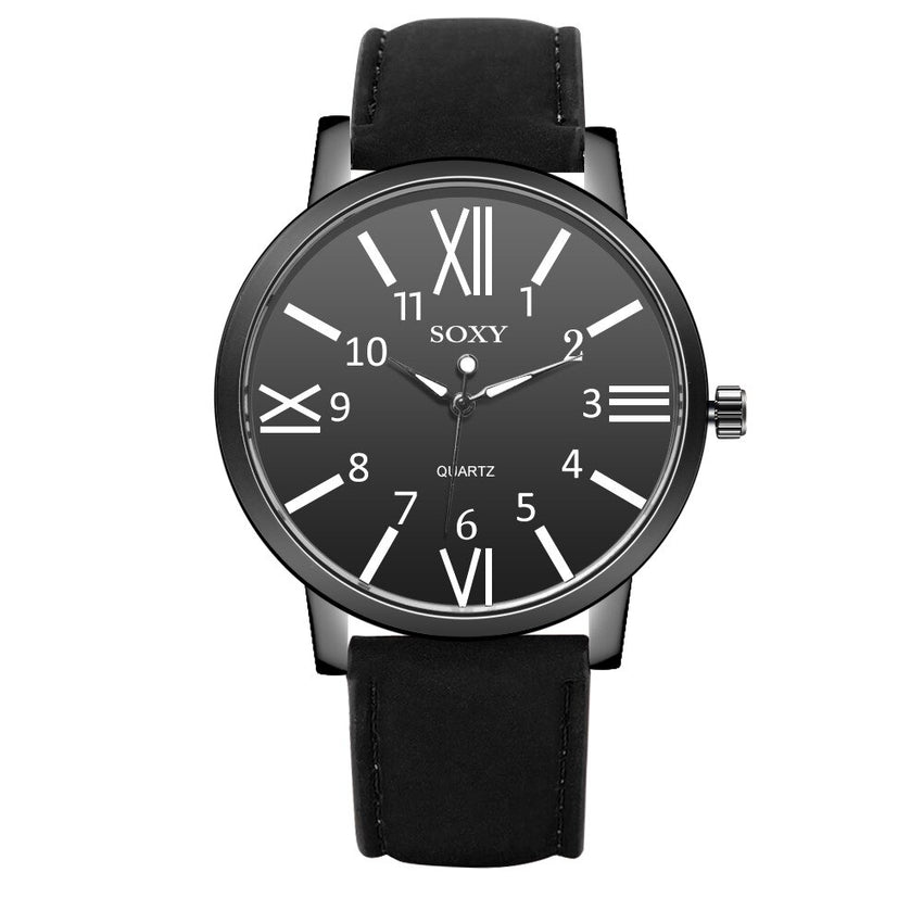 SOXY Brand Men's Watch Luxury Quartz Watches Roman Numerals Dial Black Leather Strap Clock Zegarek Meski Erkek Kol Saati