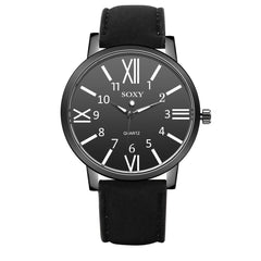 SOXY Brand Men's Watch Luxury Quartz Watches Roman Numerals Dial Black Leather Strap Clock Zegarek Meski Erkek Kol Saati