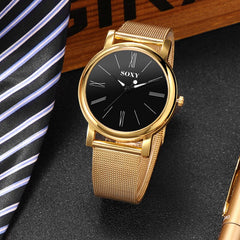 SOXY Brand Men's Watch Deluxe Quartz Male Clock Roman Digital Dial Stainless Steel Strap Zegarek Meski Wristwatch