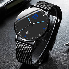 Fashion Mens Business Minimalist Black Watches Luxury Ultra Thin Stainless Steel Mesh Belt Analog Quartz Watch Relogio Masculino