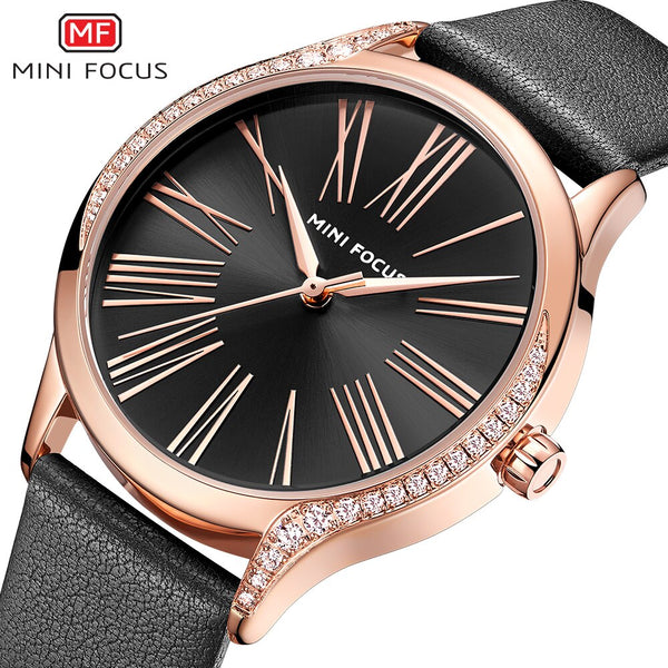 MINI FOCUS Black Watch Women Gold Watch Fashion Womans Watch Ladies Diamond Leather Designer Brand Luxury Women Watch Quartz