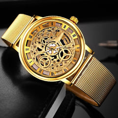 Mens Fashion Hollow Watches Men Business Watch Male Stainless Steel Mesh Belt Skeleton Quartz Wrist Watch Relogio Masculino