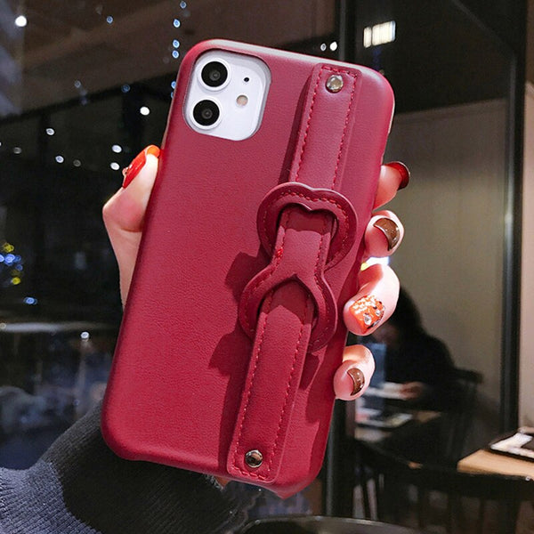 Leather Solid Color Phone Case For iphone 11 11 Pro Max XR X XS Max 7 8 Plus Wrist strap holder Back Cover For iphone 11 Pro 7 8
