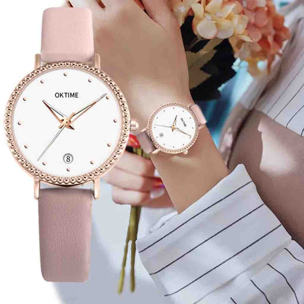 Creative Women Watches Dot Golden Border Dial Ladies Quartz Wristwatch Simple Leather Strap Clock Fashion Gift Zegarki Damskie@5