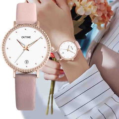 Creative Women Watches Dot Golden Border Dial Ladies Quartz Wristwatch Simple Leather Strap Clock Fashion Gift Zegarki Damskie@5