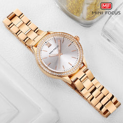 MINIFOCUS Fashion Rhinestone Women Watches Top Brand Luxury Stainless Steel Watch Women Rose Gold Quartz Girls Watches Womans