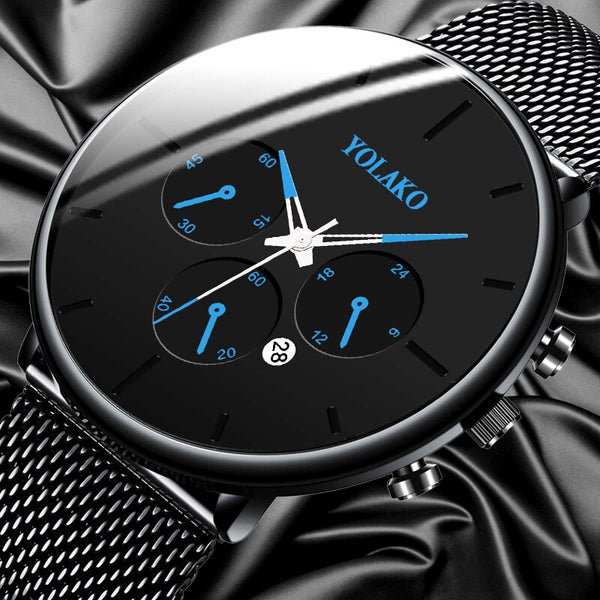 BLACK Men's Fashion Business Watches for Men Casual Calendar Clock Luxury Stainless Steel Mesh Belt Quartz Watch Montre Homme