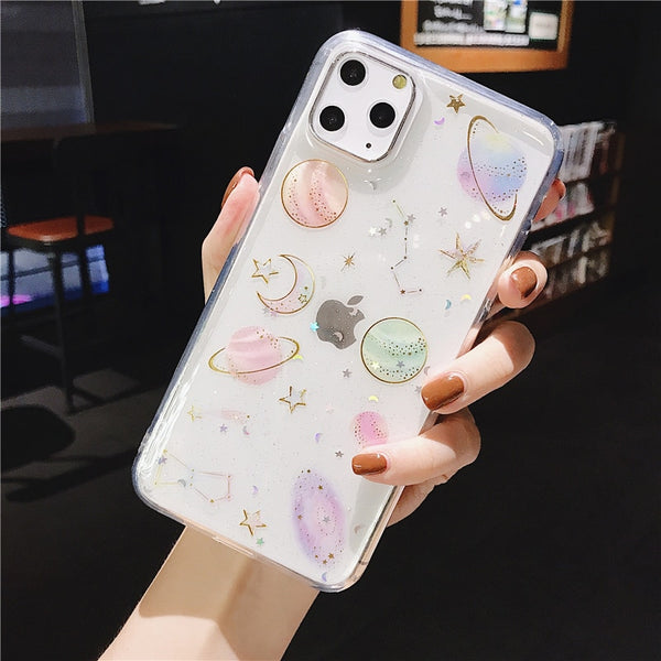 TIKITAKA Glitter Bling Stars Moon Case For iPhone 11 Pro X XR XS Max 7 8 6 6s Plus Clear Planet Phone Cases Soft TPU Back Cover