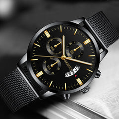 2020 Men's Fashion Business Calendar Watches Luxury Blue Stainless Steel Mesh Belt Analog Quartz Watch relogio masculino