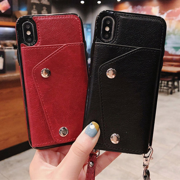Fsshion Leather Phone Case For iphone X XR XS Max 6 6s 7 8 Plus Wallet Card Holder Cover Protection Phone Bag Cases With lanyard