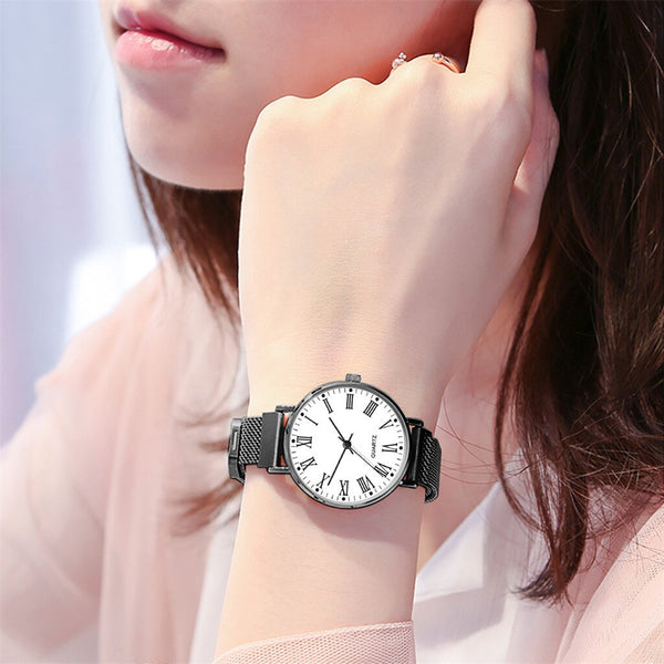 Women Watches Simple Stainless Steel Strap Magnetic Buckle Casual Mesh Watches Quartz Clock Rose Gold Bracelet Wrist Watch*M