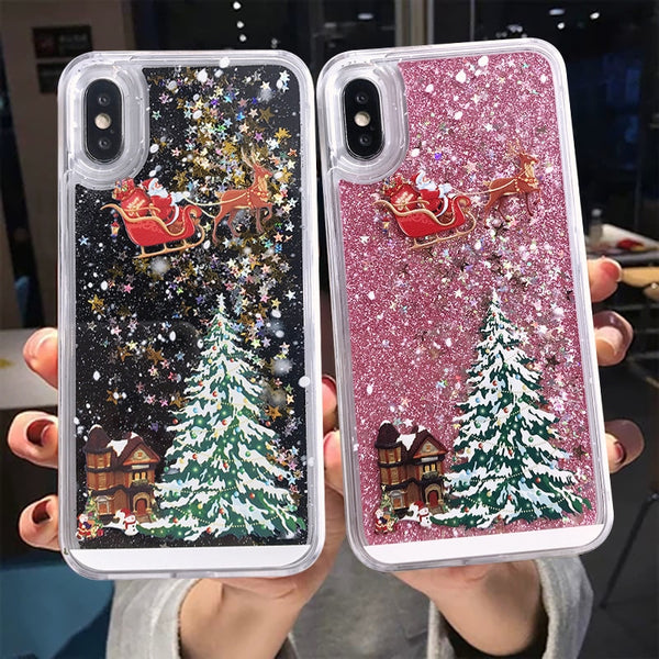 Cartoon Santa Claus Elk Phone Case For iPhone 11 11Pro Max X XR XS Max 6 6S 7 8Plus Christmas Quicksand Liquid Transparent Cover