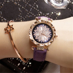 Women Watches Lucky Flower Watches Luxury Ladies Rhinestone Quartz Watch Starry Sky Leather Belt Clock Gift Relogio Feminino@50
