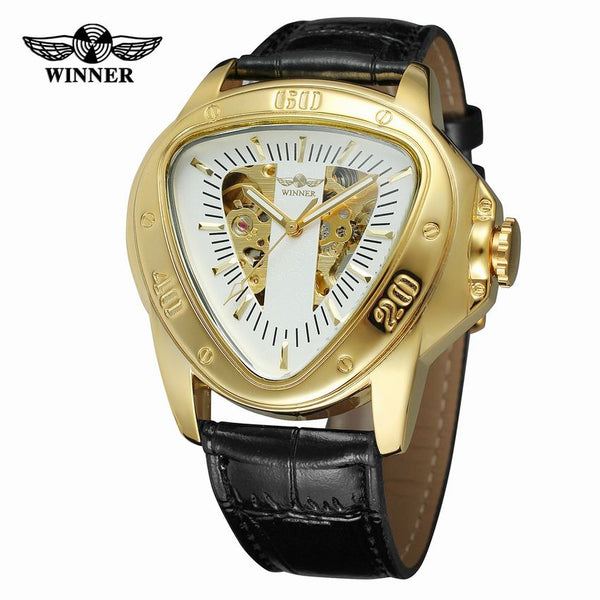 Winner Top Brand Luxury Men's Watch Pu Leather Sport Special Design Bezel Golden  Montre Homme Clock Mechanical Watches