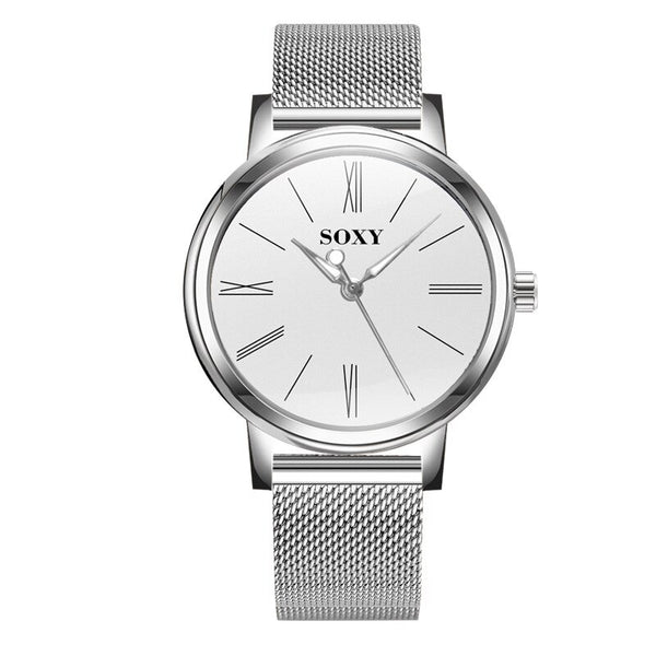 SOXY Brand Men's Watch Deluxe Quartz Male Clock Roman Digital Dial Stainless Steel Strap Zegarek Meski Wristwatch