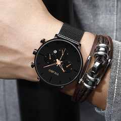 Men's Fashion Business Watches Men Casual Calendar Clock Luxury Black Stainless Steel Mesh Belt Quartz Watch Relogio Masculino