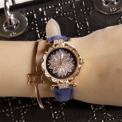 Women Watches Lucky Flower Watches Luxury Ladies Rhinestone Quartz Watch Starry Sky Leather Belt Clock Gift Relogio Feminino@50