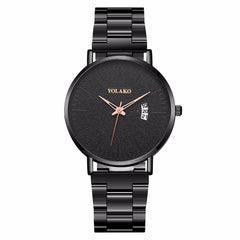 YOLAKO To Brand Fashion Men's Watch High-grade Simple Steel Belt Business Watches Black Steel Belt Calendar Quartz Wristwatch