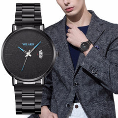 YOLAKO To Brand Fashion Men's Watch High-grade Simple Steel Belt Business Watches Black Steel Belt Calendar Quartz Wristwatch