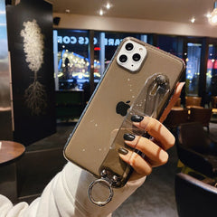 Glitter Powder Transparent Phone Case For iPhone 11 Pro X XR XS Max 6 6S 7 8 Plus Soft Silicone Wrist Strap Bracket Back Cover