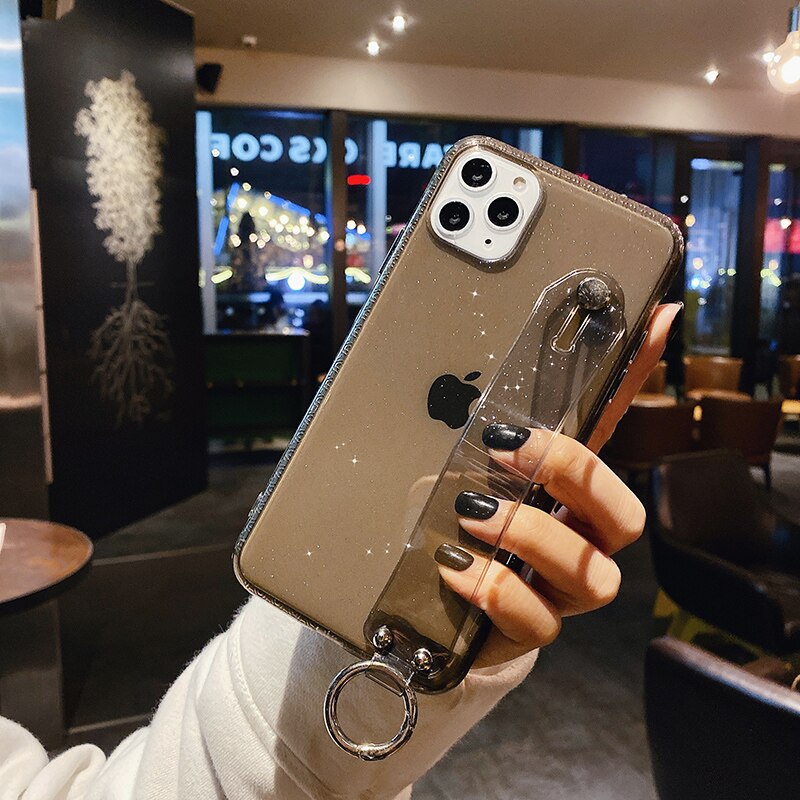 Glitter Powder Transparent Phone Case For iPhone 11 Pro X XR XS Max 6 6S 7 8 Plus Soft Silicone Wrist Strap Bracket Back Cover