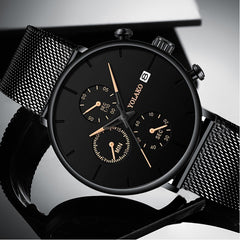 Mens Fashion Classic Black Wristwatch Luxury Mesh Belt Ultra Thin Watches Relojes Hombre Casual Business Calendar Quartz Watch