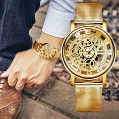 Mens Fashion Hollow Watches Men Business Watch Male Stainless Steel Mesh Belt Skeleton Quartz Wrist Watch Relogio Masculino