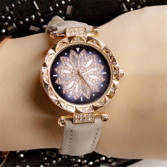 Women Watches Lucky Flower Watches Luxury Ladies Rhinestone Quartz Watch Starry Sky Leather Belt Clock Gift Relogio Feminino@50