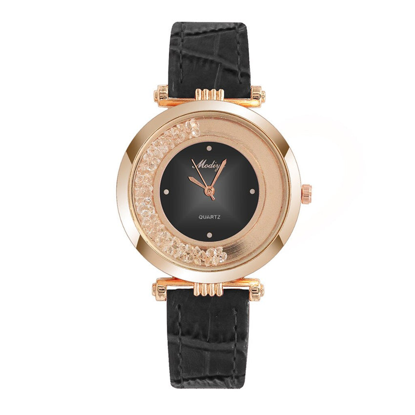 Creative Women Watches Circular Quicksand Dial Ladies Quartz Wristwatch Business Leather Strap Clock Fashion Zegarki Damskie@50