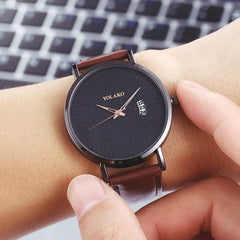 YOLAKO To Brand Sleek Minimalist Men's Watch Leather Belt Watch British Style Calendar Simple Quartz Clock Erkek Kol Saati