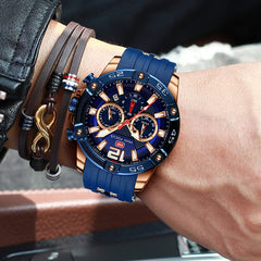 MINIFOCUS Big Dial Blue Black Gold Chronograph Watch Men Sport Watches Mens 2019 Silicone Band Military Quartz Watches Men Clock