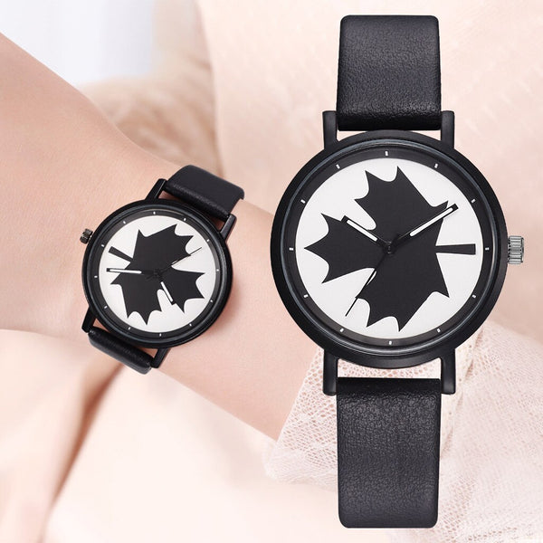 Modern Watch Women Black Maple Leaf Pattern Fashion Quartz Wristwatch High Quality Leather Strap Casual Female Montre Femme@50
