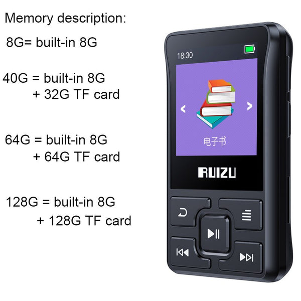 Original ruizu x55 clip Bluetooth MP3 player Portable Mini built-in 8G with Pedometer radio e-book recording