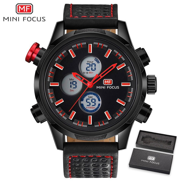 MINI FOCUS Luxury Brand Watch Men Sports Watches Analog Digital Dual Display Leather Men's Watches Army Military Watch Man Clock