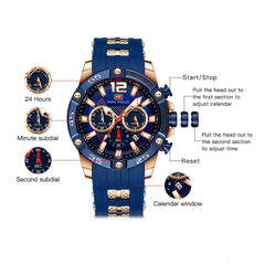 MINIFOCUS Big Dial Blue Black Gold Chronograph Watch Men Sport Watches Mens 2019 Silicone Band Military Quartz Watches Men Clock