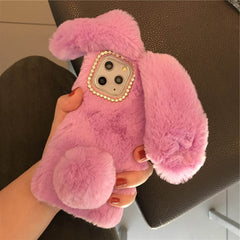 3D Rabbit Ears Furry Plush Warm Phone Case for iPhone 11 11Pro XR X XS Max 8 7 6 6s Case fluffy Fur Cover for iPhone 11 Pro Max
