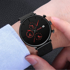 Mens Fashion Classic Black Wristwatch Luxury Mesh Belt Ultra Thin Watches Relojes Hombre Casual Business Calendar Quartz Watch
