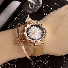 Women Watches Lucky Flower Watches Luxury Ladies Rhinestone Quartz Watch Starry Sky Leather Belt Clock Gift Relogio Feminino@50